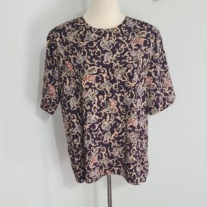 Worthington Vintage Purple & Cream Floral & Scroll Print Blouse, Size Large